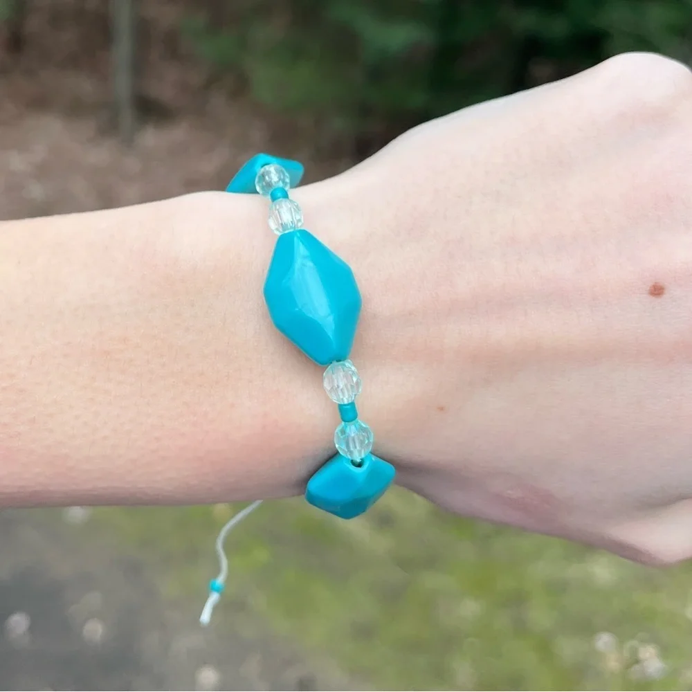 Handmade teal beaded bracelet tie on